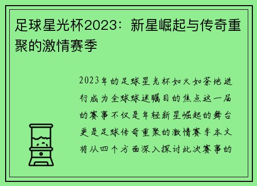 足球星光杯2023：新星崛起与传奇重聚的激情赛季